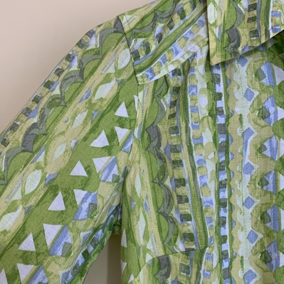 Sigrid Olsen | 100% Linen Green White Mixed Print Button Down Collared Shirt XS - Picture 9 of 17